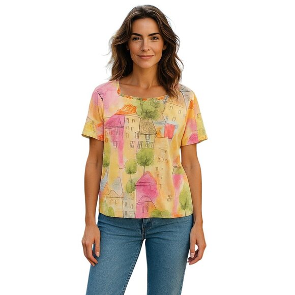 Alfred Dunner Square Neck Short Sleeve Top, Size Large, Yellow Pink Green - Picture 11 of 11